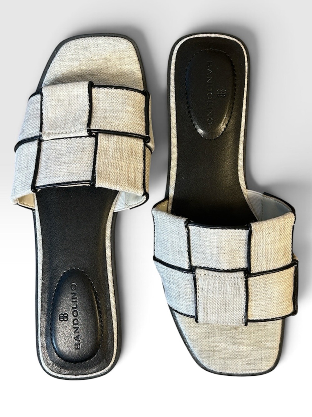 Bandolino Vanelli Woven Flat Sandal woven linen beige with black trim size 7.5